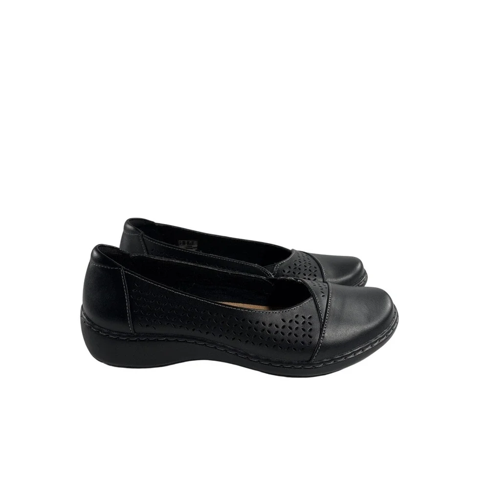 Clarks Collection‎ Cora Iris Black Leather Laser Cut Ballet Flat Womens 10M